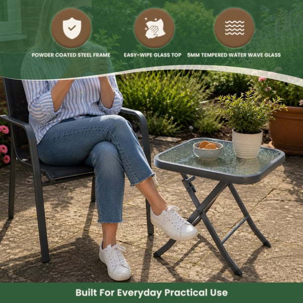 Metal Framed Glass Top Folding Garden Side Table