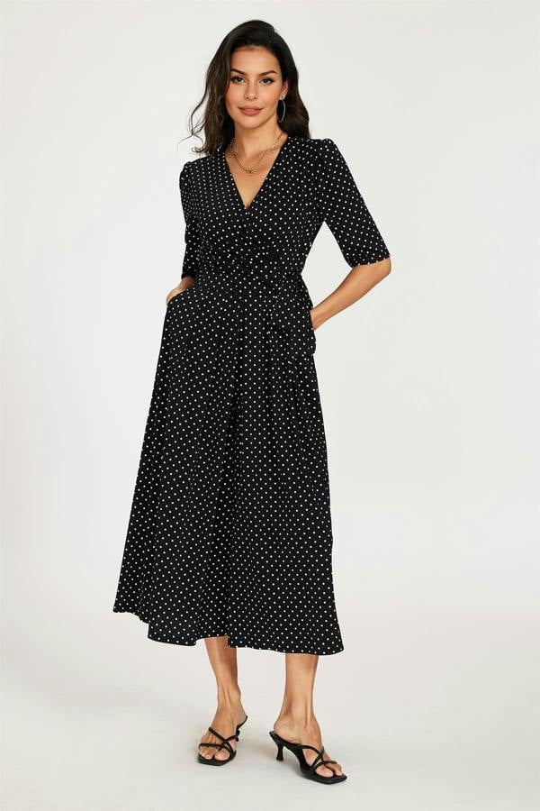 FS Collection Dot Print Short Sleeve Jersey Jumpsuit In Black