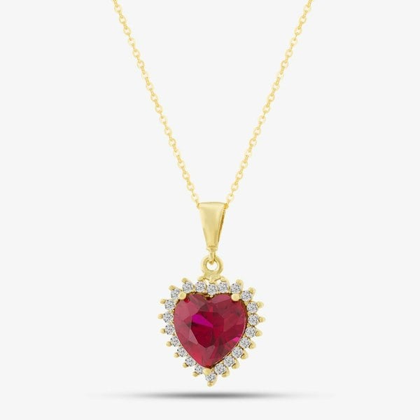T. H. Baker 9ct Yellow Gold Red Cubic Zirconia Heart Halo Pendant Necklace NBD026YRU TRACEY9-18