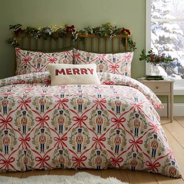 Catherine Lansfield Christmas Nutcracker Bows Reversible Duvet Cover Set Natural