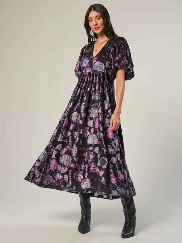 Rose & Nancy Margot Black Velvet Burnout Floral Dress