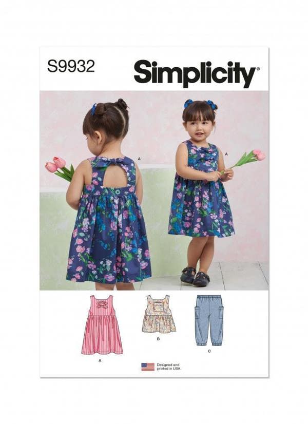 Simplicity Sewing Pattern 9932, Dresses, Tops, Trousers for Baby, Kids, A (1/2-1-2-3-4) - Intermediate