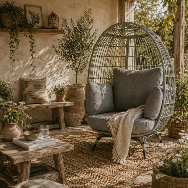 Wyld Haus Tomova Grey Rattan Rope Grey Egg Chair with Cushions And Matching Pillows