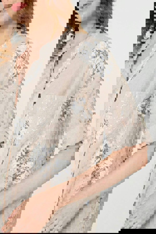 Beige | Floral 3/4 Turn-Up Sleeve Blouse