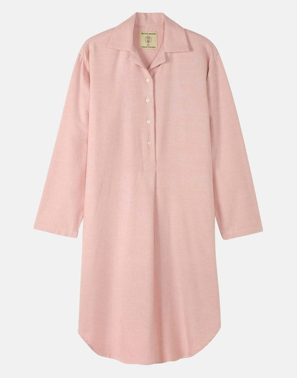 British Boxers Women's Brushed Cotton Nightshirt – Powder Pink Herringbone