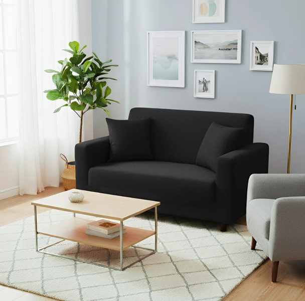 Anyseat 2 Seater Sofa Cover Plain Black Style and Protection For Living Room Sofa Chair Elastic Stretchable Slipcover