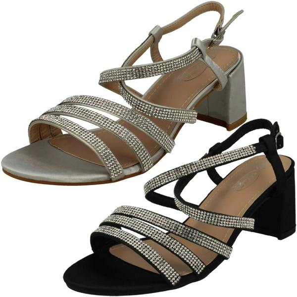 Spot On Ladies Spot On Diamante Strappy Block Heeled Sandals F12037