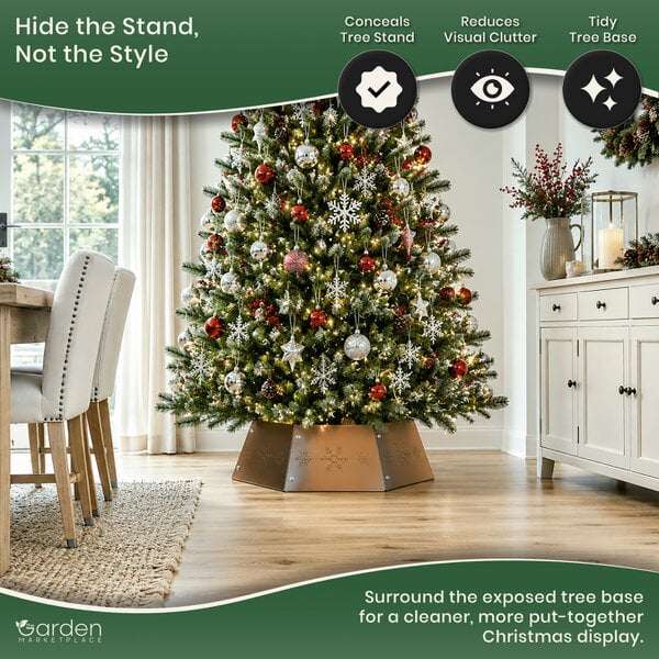 Hexagon Zinc Metal Christmas Tree Collar Stand Cover with Snowflake Pattern, Easy Screw-Together Design, Fits 1.5–2.6m Trees, 68cm x 25cm