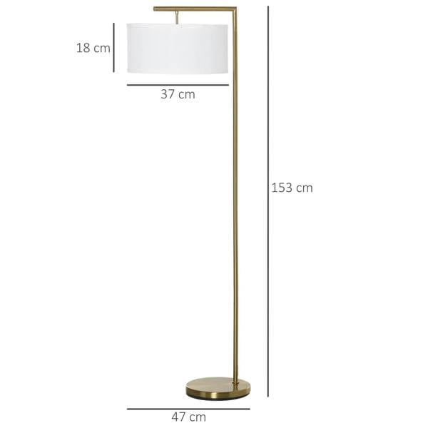Gold standing floor lamp with white drum lampshade and round base dimensions