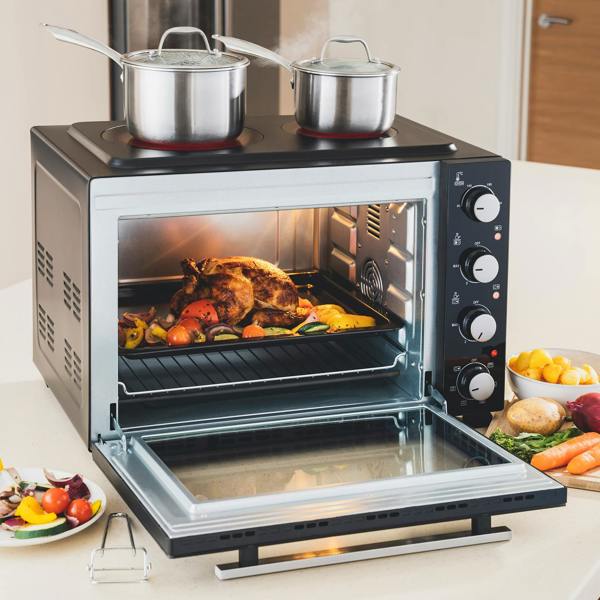 Cooks Professional 48L Mini Oven with 2 Ceramic Hobs | Black / Silver