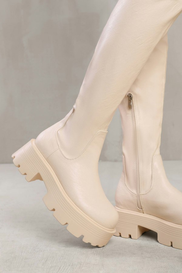 Where's That From Thea Over the Knee Boot With Chunky Sole in Cream Faux Leather