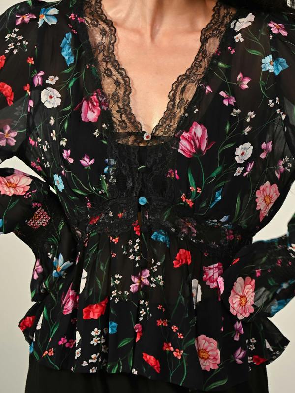 Rose & Nancy Juliette Black Floral Lace Trim Blouse