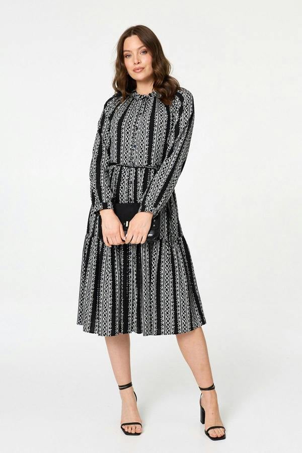 Black | Geo Print Tiered Long Sleeve Midi Dress