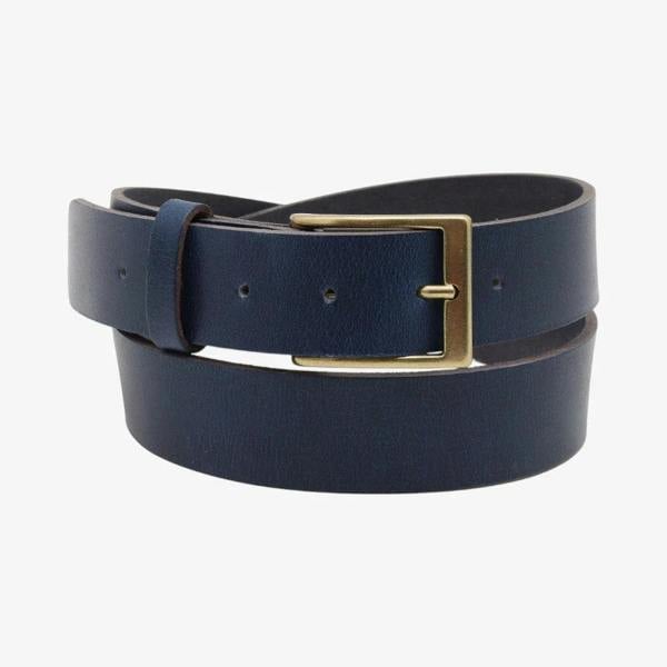 Blue leather belt with a gold buckle on a white background