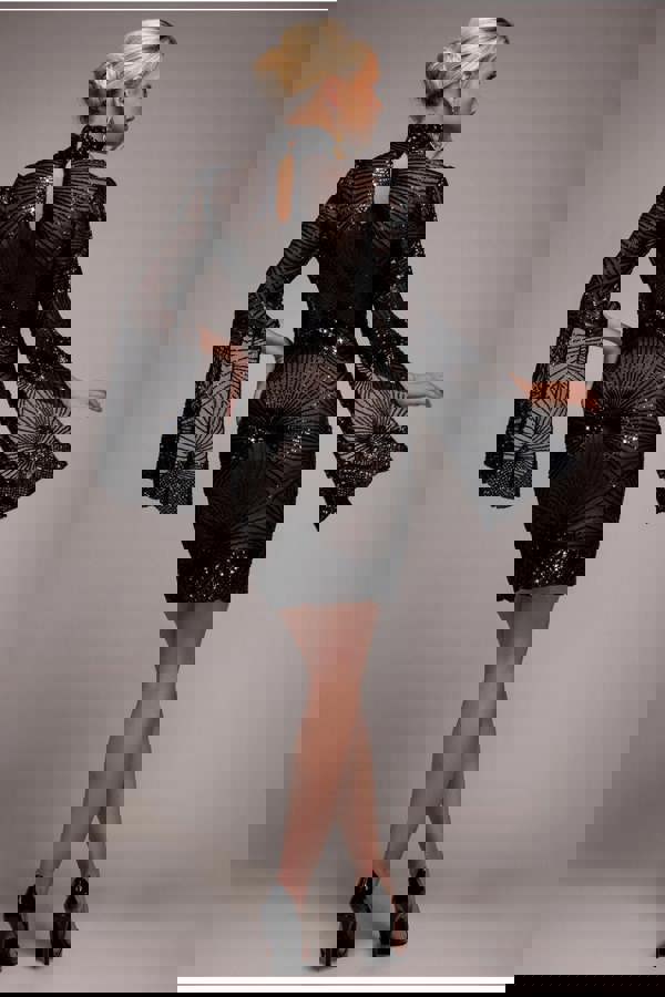 Sequin Starburst Cape Sleeve Mini Dress - Black DR4748