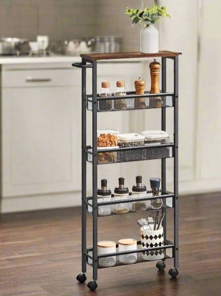 Slim 5-tier rolling kitchen trolley in rustic brown with black steel frame and mesh shelves

