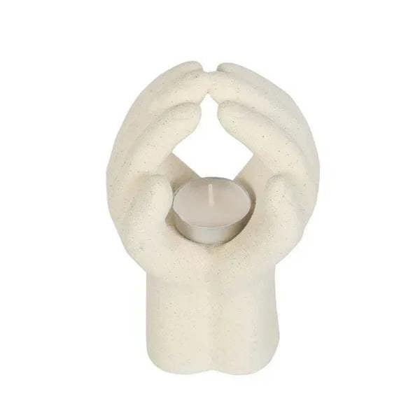 Praying hands tealight holder, off-white ceramic, centered tea light well