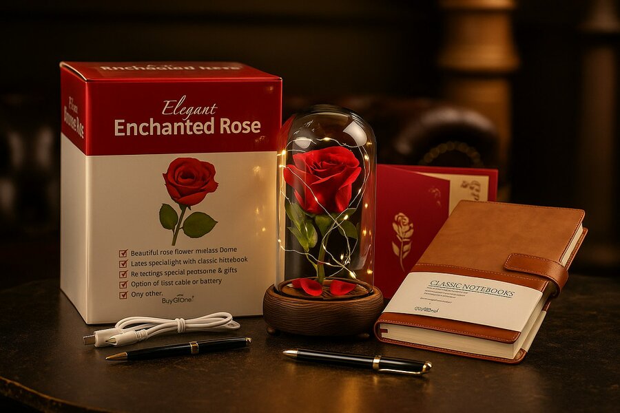 smartbies Enchanted Rose in Glass Gift set With Notebook USB Cable or Battery Powered
