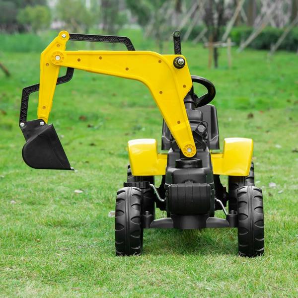 Kids yellow pedal digger ride-on with raised front bucket, black seat, and chunky tires