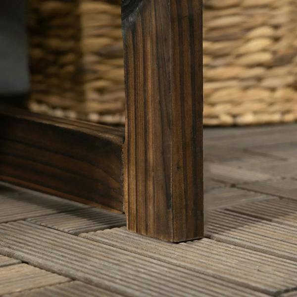 Outdoor bench leg and frame corner detail in dark carbonised wood