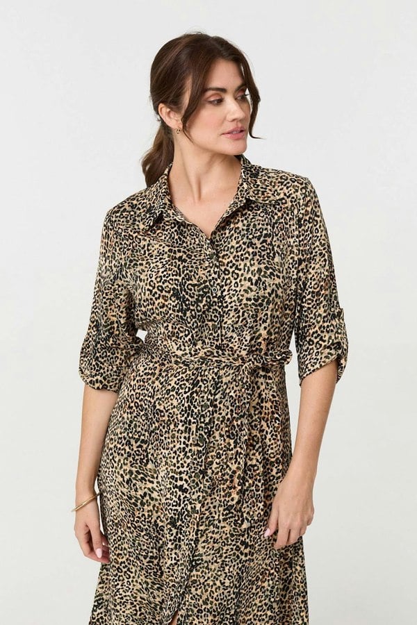 Green | Animal Print Tie Waist Midi Shirt Dress
