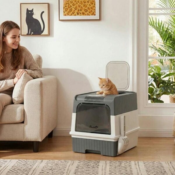 Enclosed Cat Litter Box with Lid, Pull-Out Drawer Tray, Scoop, 2 Deodorisation Bags, Front Entry & Top Exit, Grey - Grey