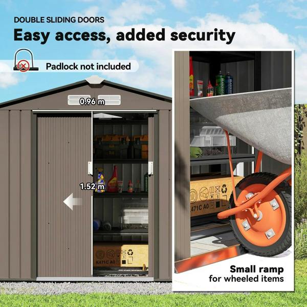 Brown metal garden shed with sliding double doors and roof ventilation vents