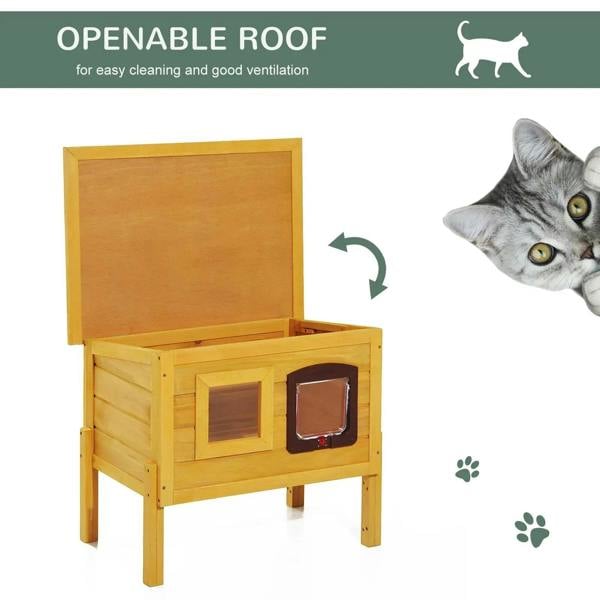Yellow wooden cat house with openable hinged roof for easy cleaning