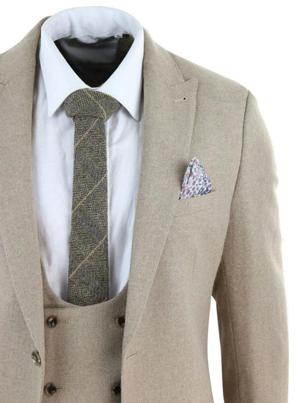 TruClothing Mens Tweed 3 Piece Beige Formal Wedding Suit