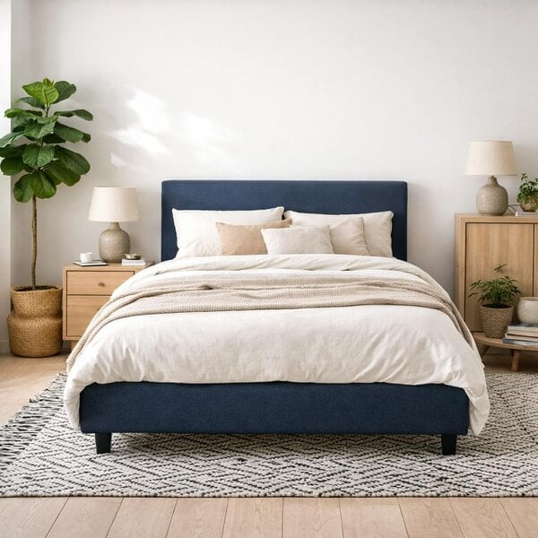 Wyld Haus Portarlington Upholstered Navy Blue Twill 5ft King Size Bed with Headboard