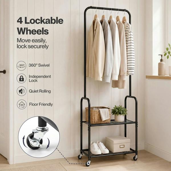 Levede Clothes Rack Heavy Duty Garment Rack 2 Shelf Locking Wheels Bedroom Black