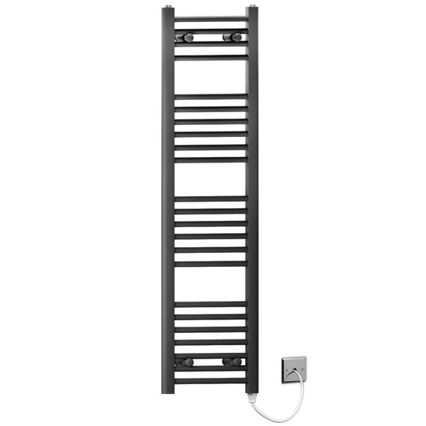 MYHOMEWARE 400 x 1200mm Black Flat Electric Pre-Filled Heated Towel Rail Radiator For Bathroom Designer Standard Element
