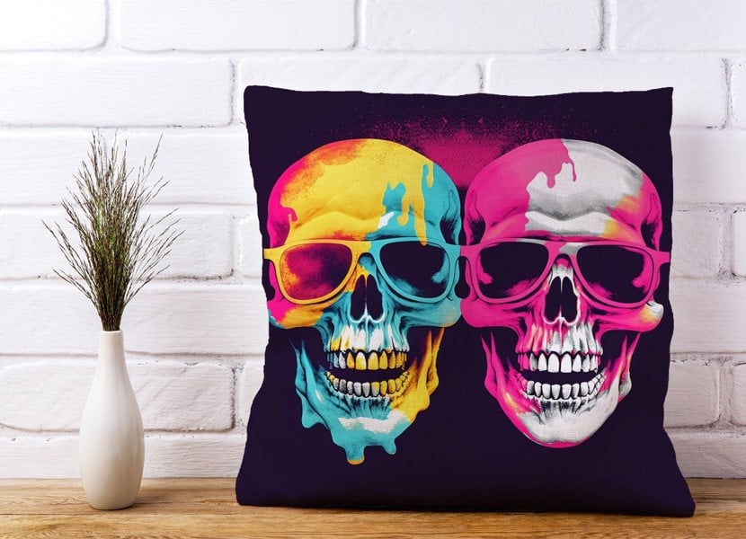 Warren Reed Pinks And Blue Happy Skeletons Cushions