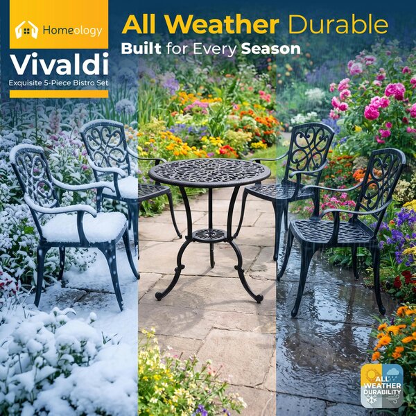 Homeology VIVALDI Black 5-Piece Cast Aluminium Garden Bistro Set - with Black Cushions