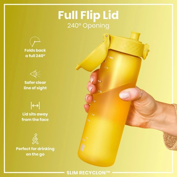 A yellow water bottle, being held, features a 240° opening flip lid. The bottle is shown against a yellow background, and text highlights its design features. Full Flip Lid, 240° Opening, SLIM RECYCLON™.