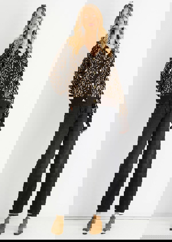 Gini London Chocolate Animal Print Wool Mix Cardigan Look Jumper