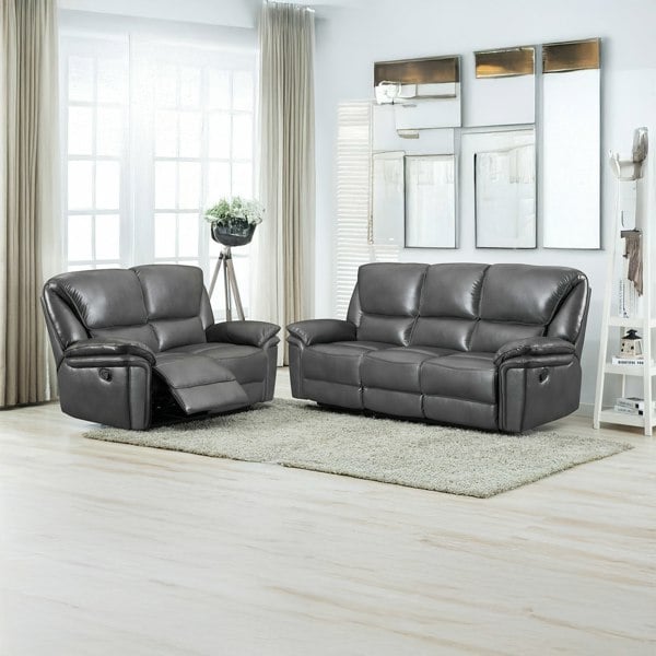 Furnishings For Less Boston Grey Leather Aire Manual Reclining Sofa Suite