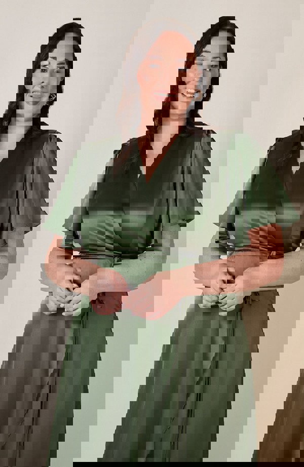 Rewritten London Florence Waterfall Dress in Olive Green Satin