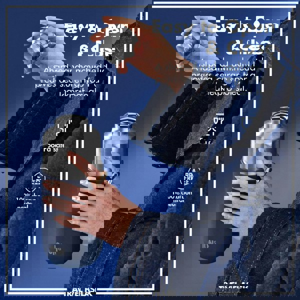 A person holding and opening a stainless steel travel flask against a blue background. Text reads Easy to Open & Close A shaped and machined lid provides a secure grip for a leakproof seal. Food safe BPA FREE 100% carbon neutral. Brand name ION8 TRAVEL FLASK.