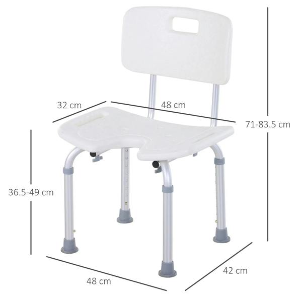 White bath stool chair with backrest and silver legs showing adjustable height range