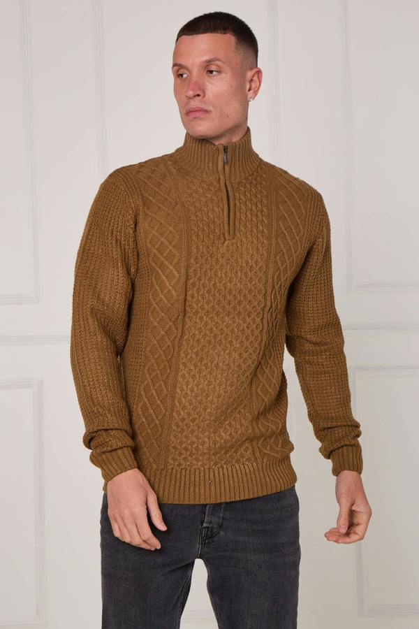 Men’s Half Zip Cable Knit Textured Jumper