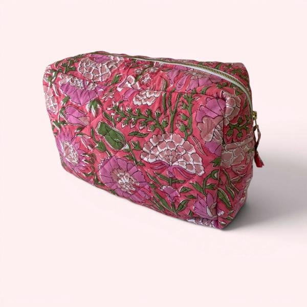 Hayley & Co XL Toiletry Bag - Quilted Cotton Large Wash Bag in Pink Garden Floral Block Print