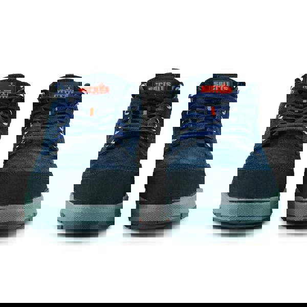 Scruffs Halo 3 Mens Safety S3 Lace Up Steel Toe Midsole Trainers, pair of navy blue steel toe work shoes with lace-up design and protective midsole.