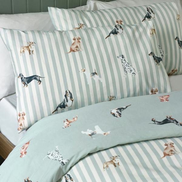 Catherine Lansfield Dog Stripe Reversible Duvet Cover Set Green