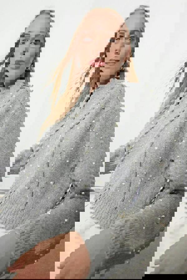 WOVCOR Soft Textured Zippered Knit Cardigan with Stone Details