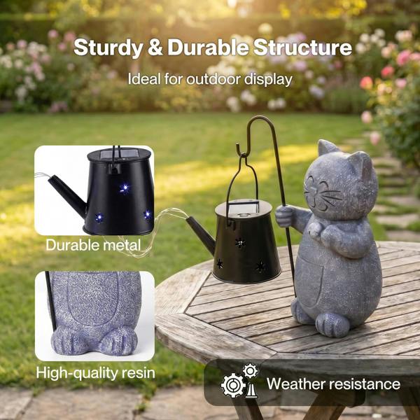 Emitto Solar Light Cat Garden Statue Ornament Resin Metal Stone Grey Black