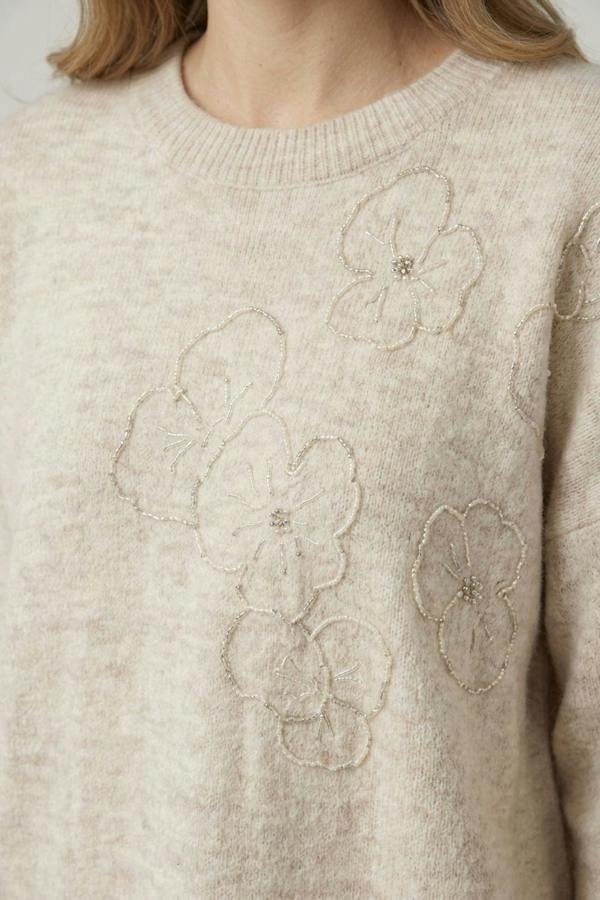 Cream | Floral Embellished Textured Jumper