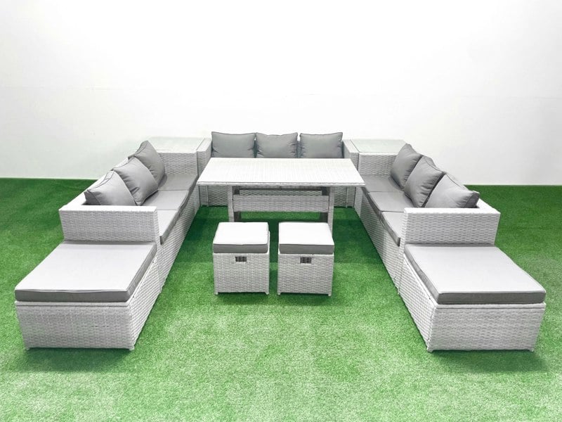 Fimous Rattan Garden Furniture Dining Set 13 Seater Lounge Sofa Dining Table Set with 4 Footstools 2 Side Tables Light Grey Mixed