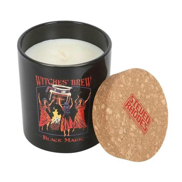 Black candle jar with cork lid beside open lid, Witches' Brew label