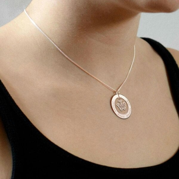 Christopher James of London 9ct Rose Gold Plated Personalised Disc With Hanging Butterfly Pendant Necklace